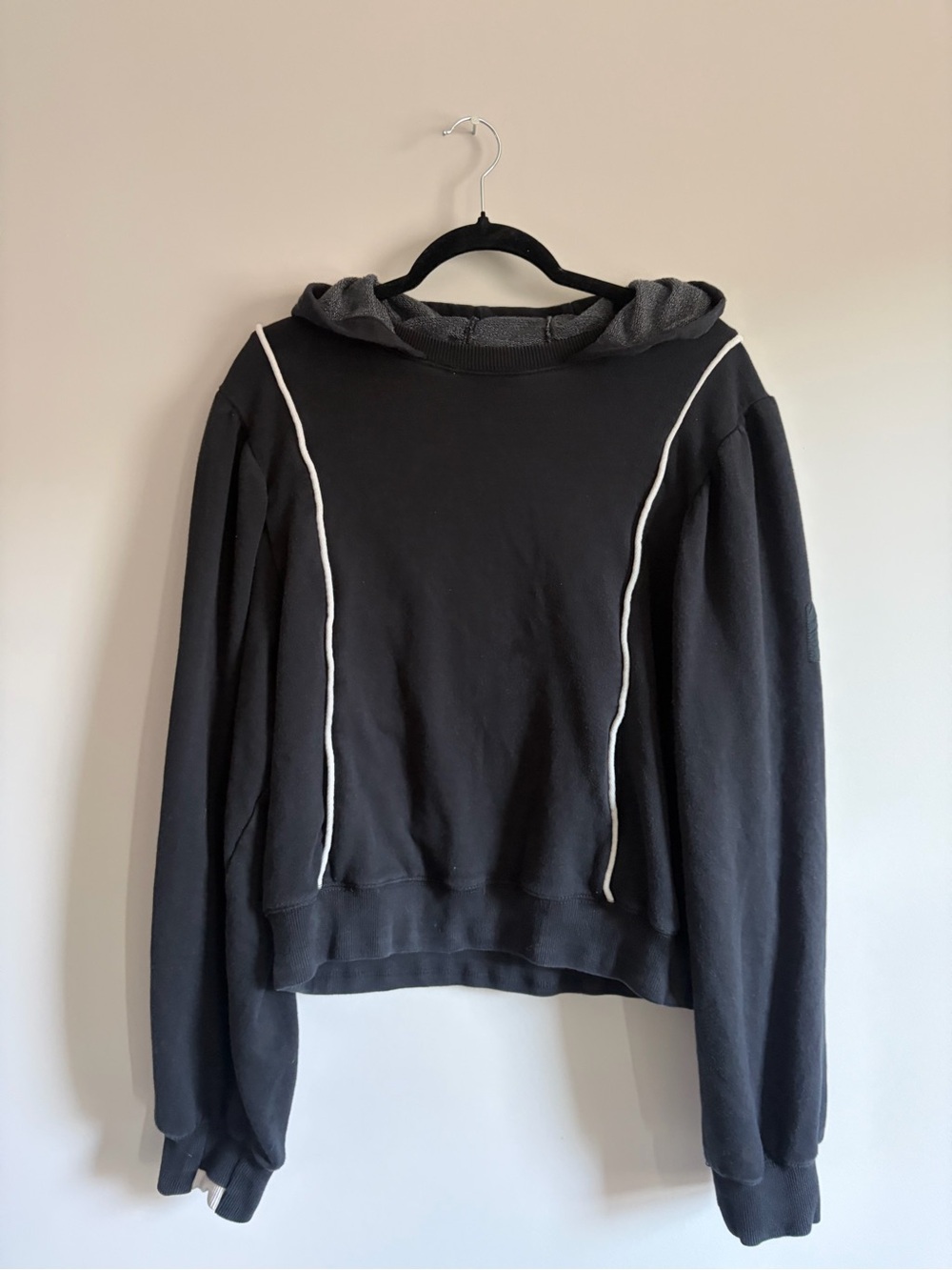 Free People Black Hooded Sweatshirt with Contrast Piping